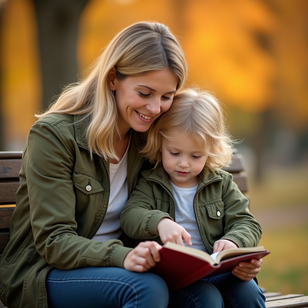 Parent and child sitting together in a park