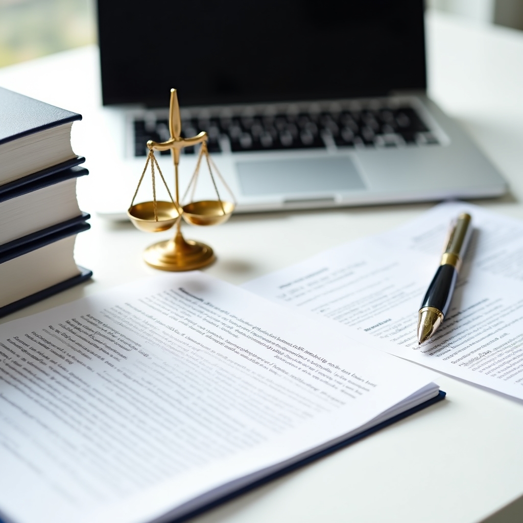 Legal books and scales of justice on a desk