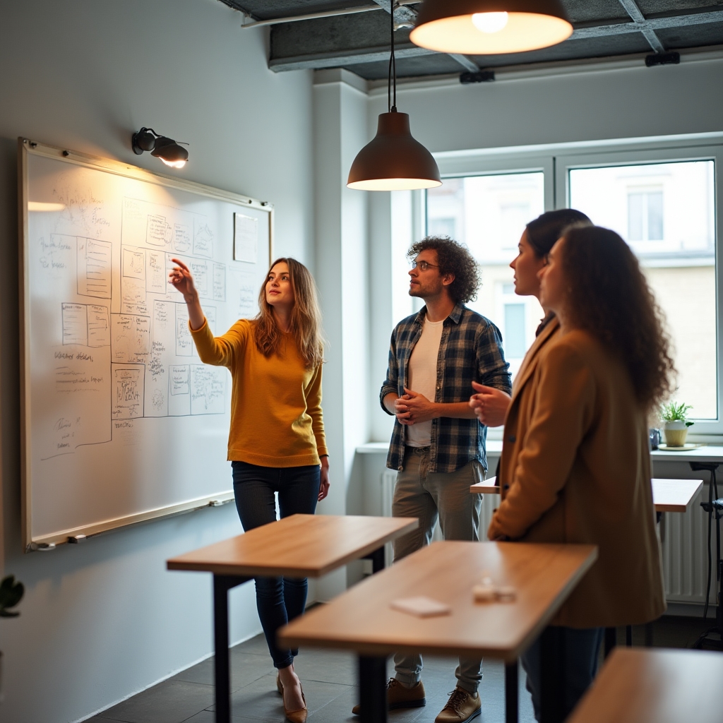 Team working together in a bright collaborative office space