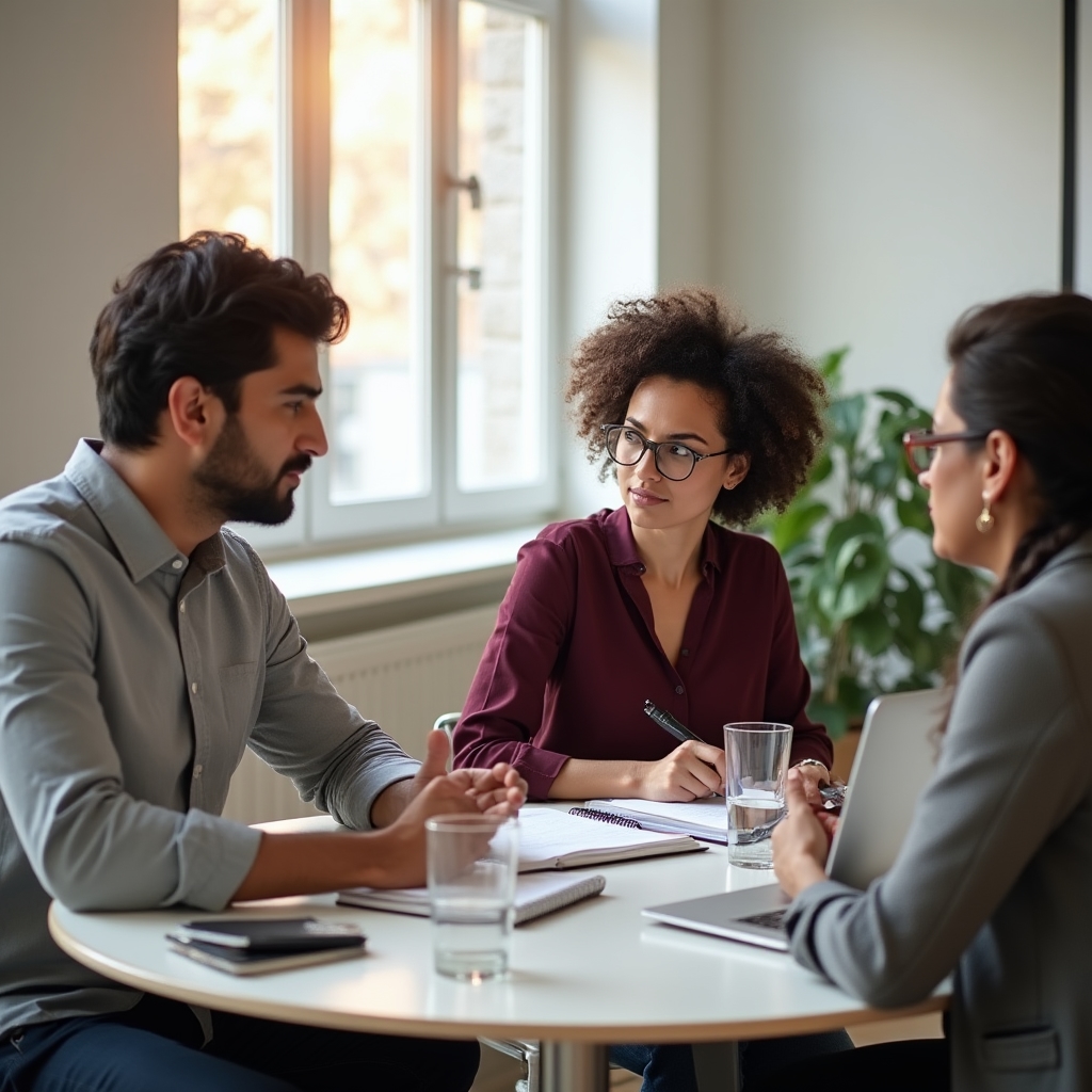 Team members in a focused discussion around a table